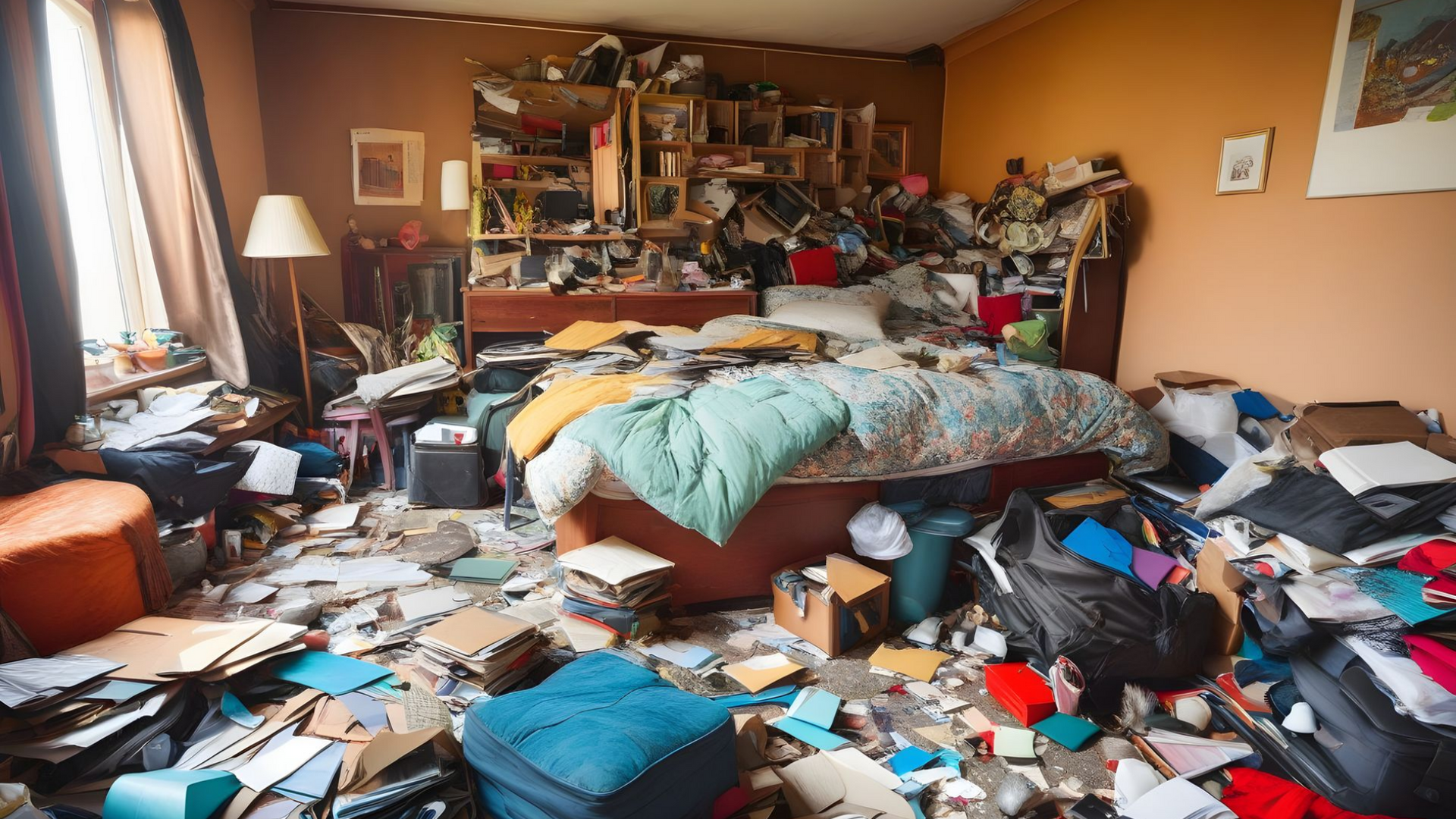 Chambre très encombrée, avec des piles d'objets recouvrant le lit, le sol et les étagères.