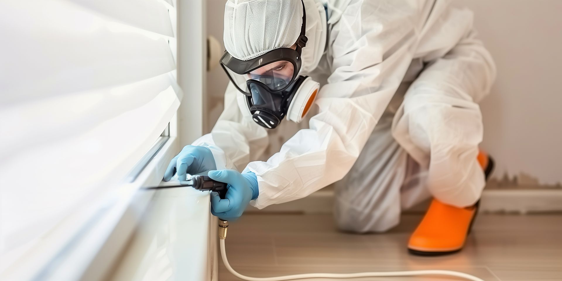 Une personne portant une combinaison de protection, un masque et des gants pulvérise un cadre de fenêtre blanc.