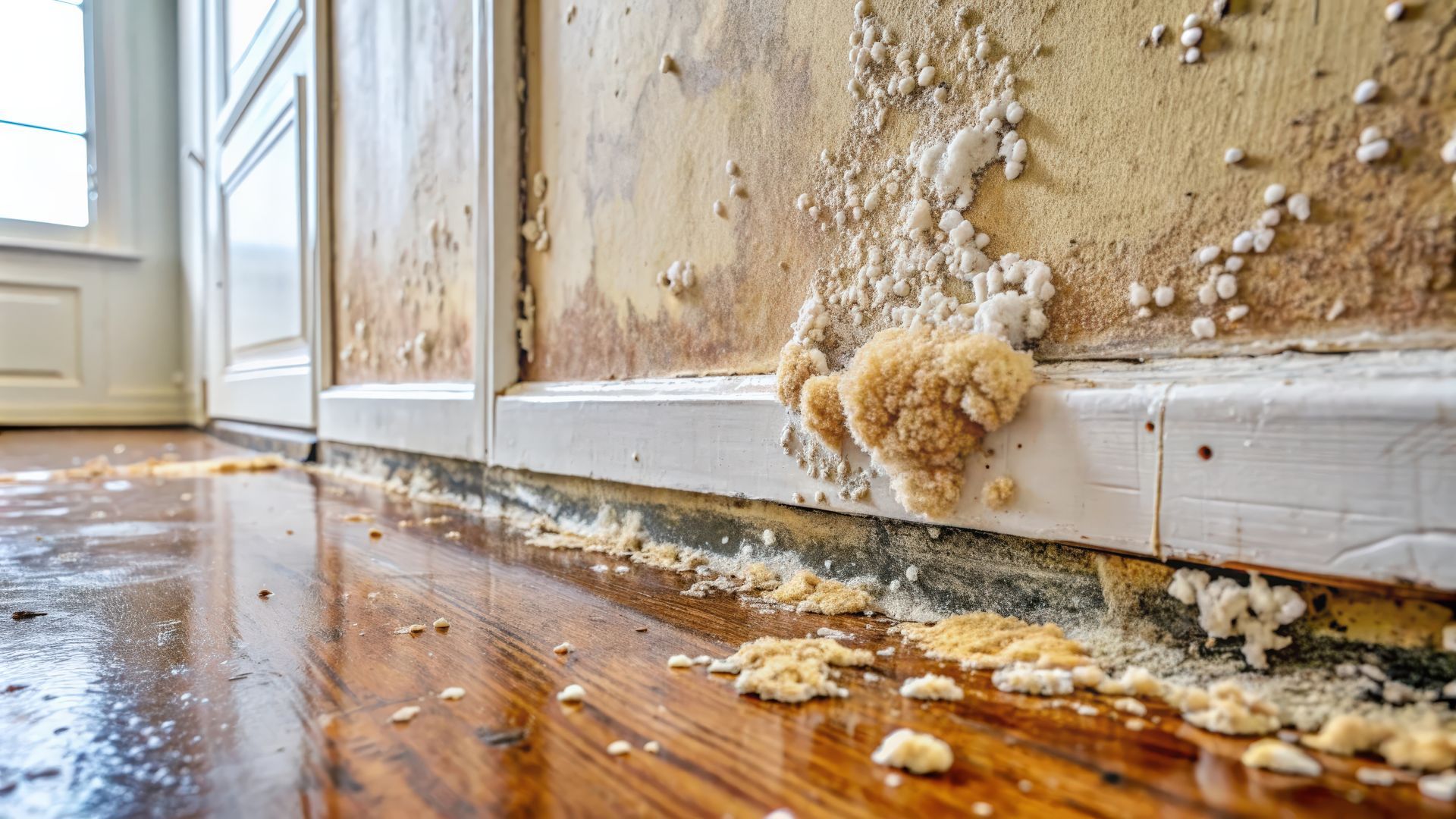 Dégâts causés par de la moisissure sur un mur et une plinthe.