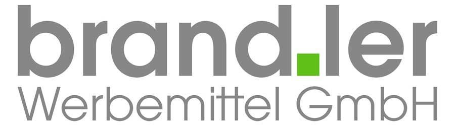 Logo der Brandler Werbemittel GmbH in grauer Schrift mit kleinem grünen Quadrat.