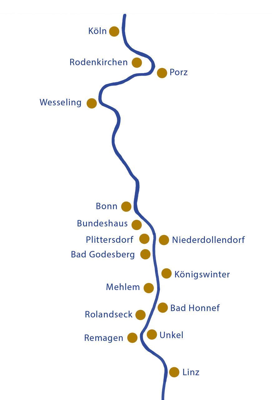 Karte der Rhein-Anlegestellen für die Schifffahrt ab Königswinter mit Stationen von Köln über Bonn bis Linz