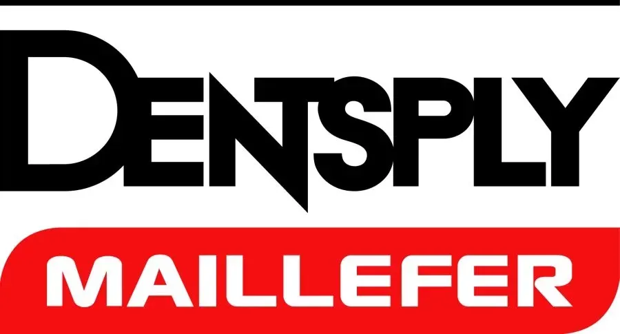 Logotipo de Dentsply Sirona con texto negro sobre una pancarta roja con la palabra "MAILLEFER".