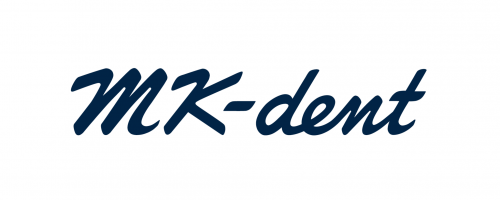 Logotipo de MK-dent en letras azul oscuro sobre fondo blanco.