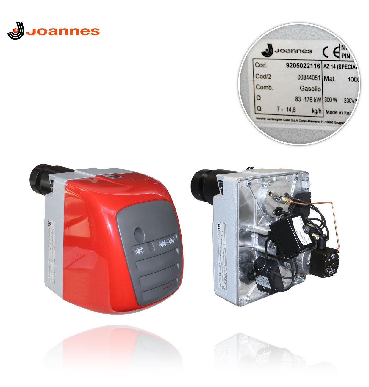 Un quemador de gas Joannes rojo y blanco sobre un fondo blanco