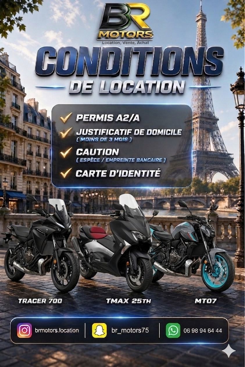 Affiche publicitaire pour la location de scooters BR Motors avec la Tour Eiffel en arrière-plan et trois scooters.