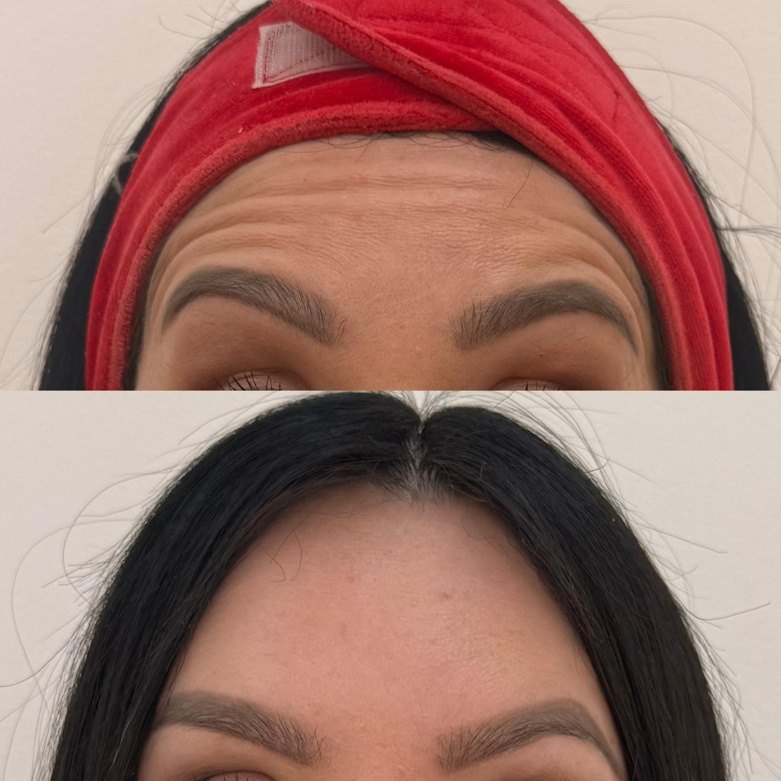 Vista dividida de una frente y cejas con un pañuelo rojo en la parte superior y cabello negro en la inferior.