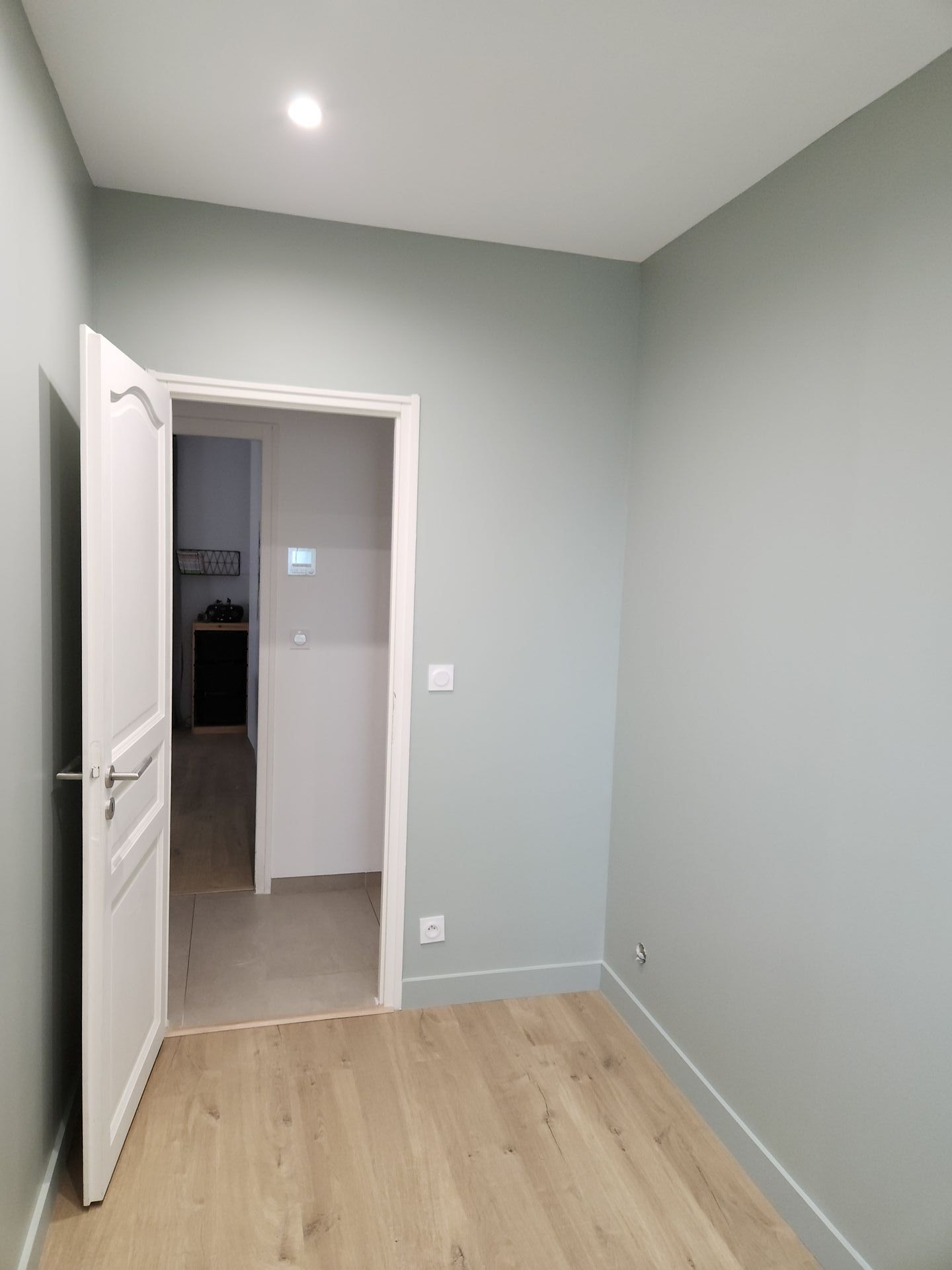 Porte ouverte qui donne accès à une pièce qui a pour revêtement un vert pâle aux murs.