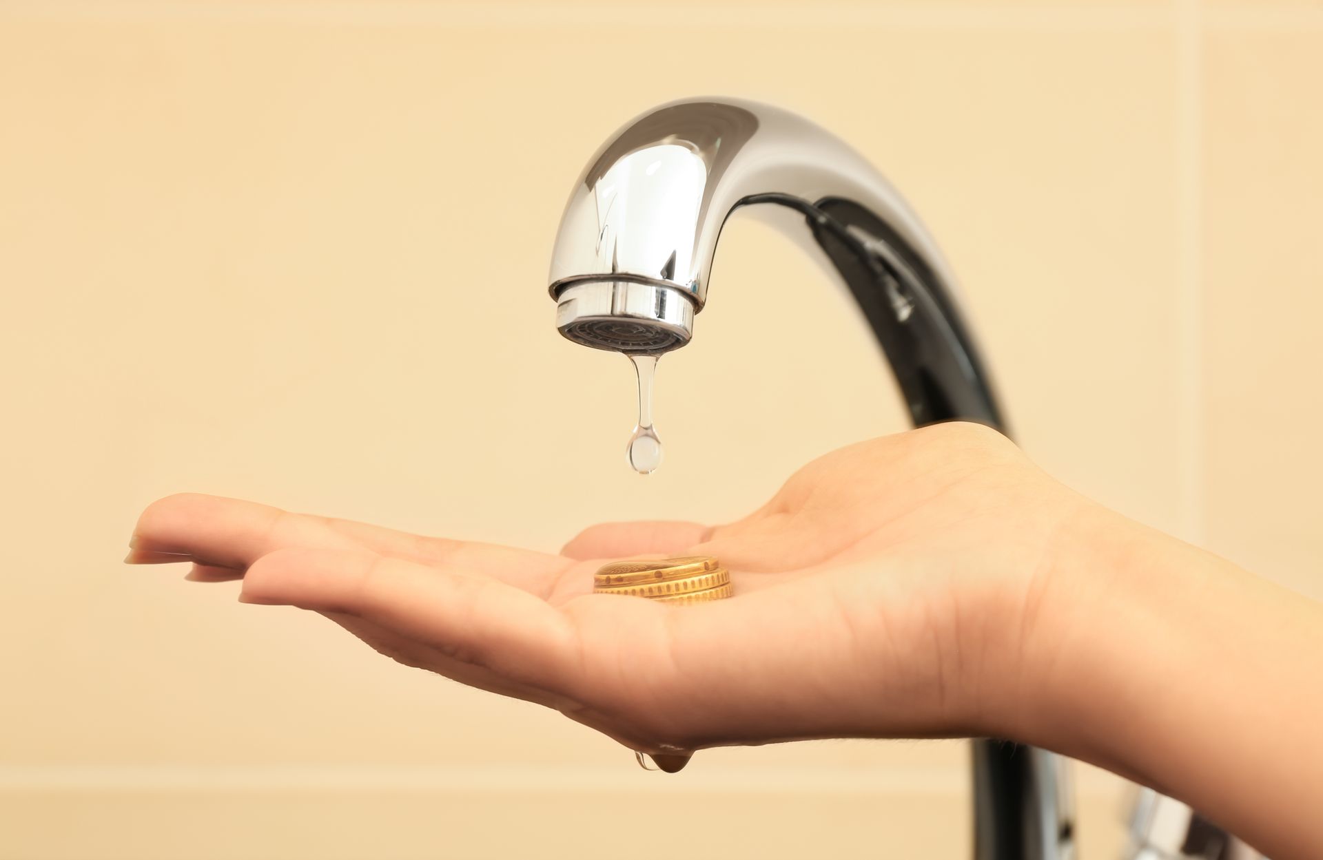 Une main sous un robinet, recueillant quelques gouttes d'eau avec des pièces de monnaie