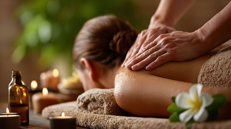 Massage spa avec les mains posées sur le dos d'une femme, des bougies chaudes et une fleur blanche sur une serviette.