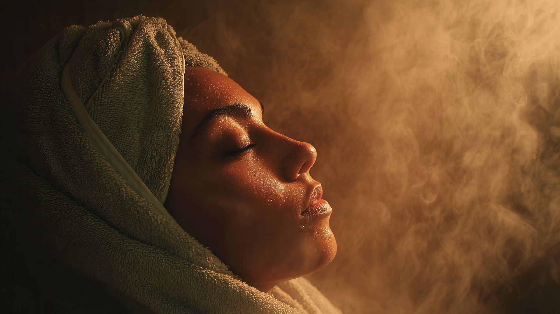 Profil d'une personne aux yeux fermés, enveloppée dans une serviette, respirant de la vapeur dans une lumière chaude.