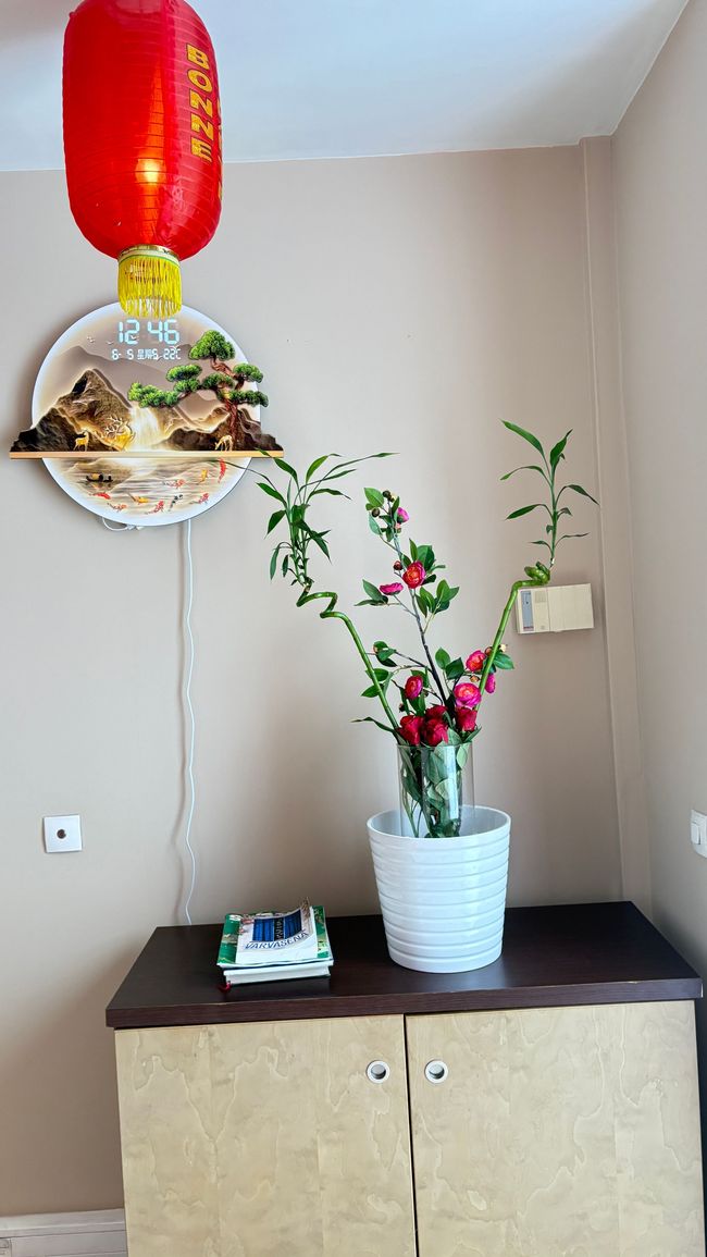 Une lanterne rouge et une décoration murale au-dessus d'un meuble avec un pot de fleurs blanc et une plante verte dans un coin.
