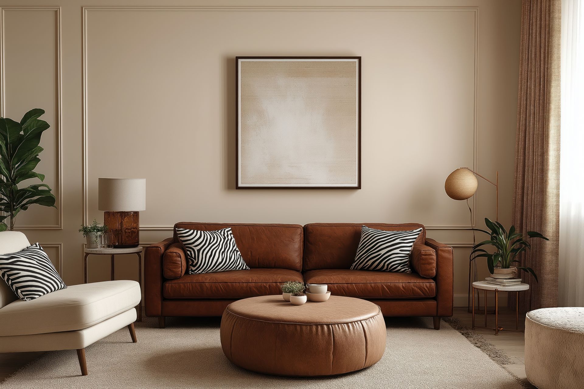 Ein Wohnzimmer mit einer braunen Ledercouch und einem runden Couchtisch.