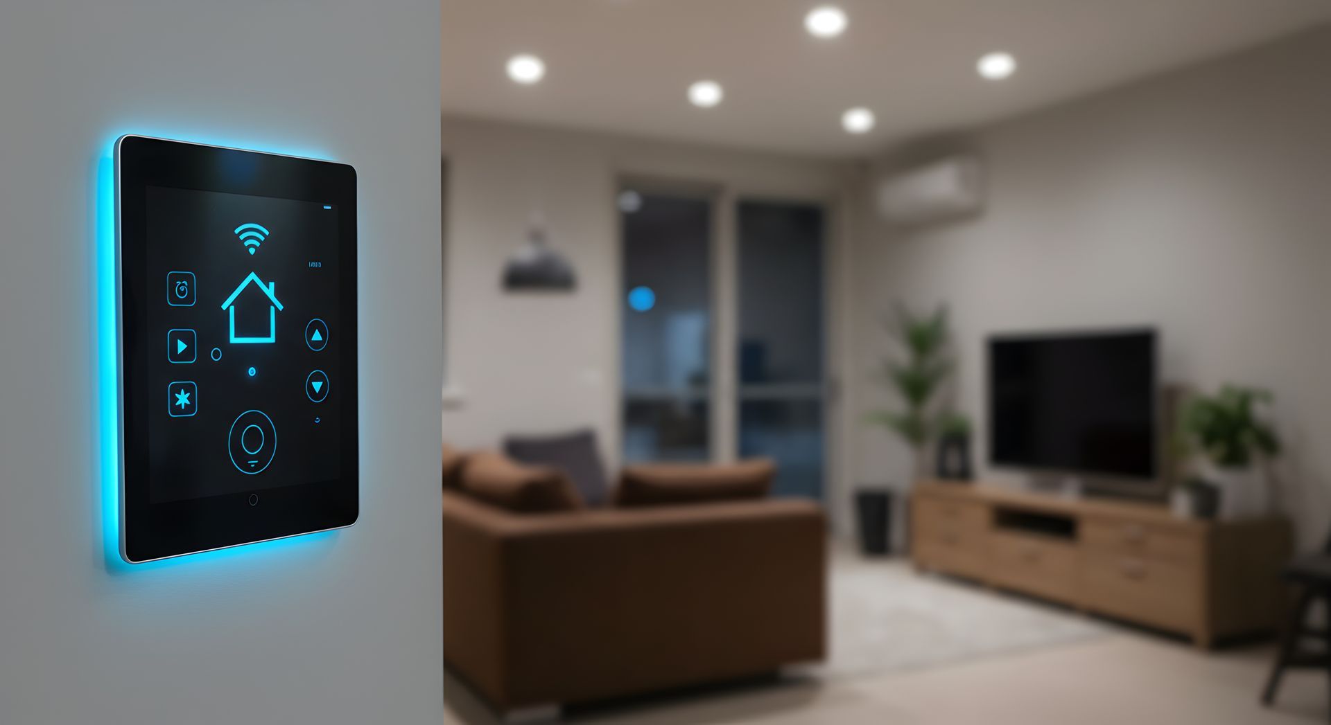 Smart-Home-Bedienfeld an der Wand mit blau leuchtendem Licht