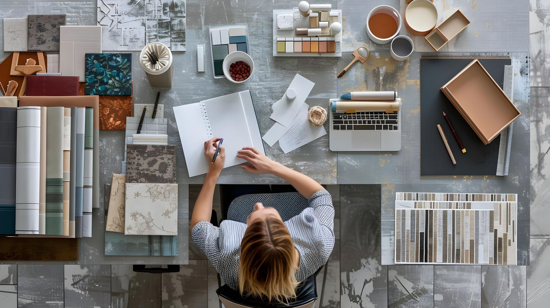 Draufsicht auf eine Person an einem Schreibtisch, umgeben von Designmustern, die sich Notizen in ein