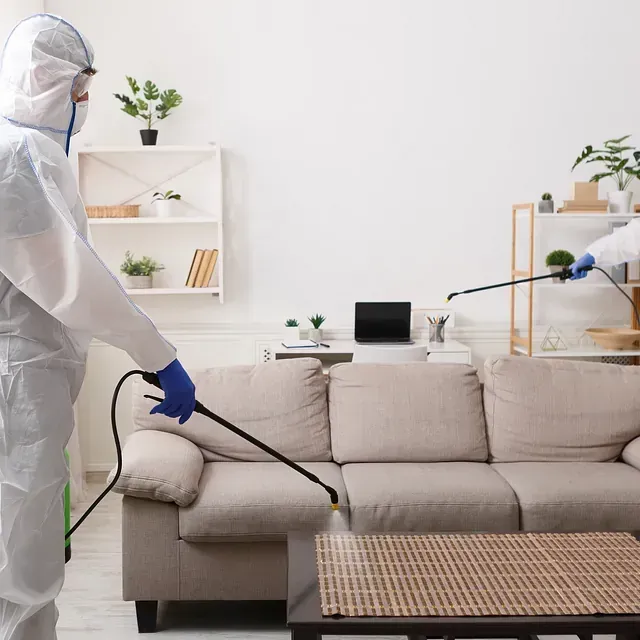 Un hombre con un traje de protección está rociando un sofá en una sala de estar.