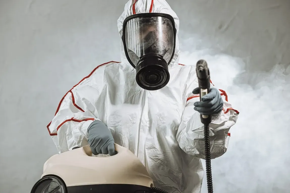 Un hombre con traje de protección y máscara de gas sostiene una aspiradora.