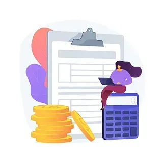 Una mujer está sentada en una calculadora al lado de un portapapeles y monedas.