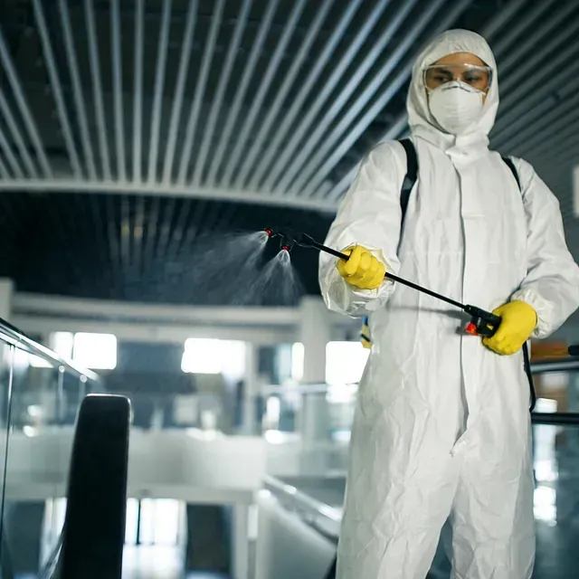 Un hombre con un traje de protección está rociando una habitación con un pulverizador.
