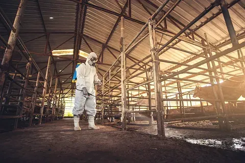 Un hombre con un traje protector está rociando una vaca en un establo.