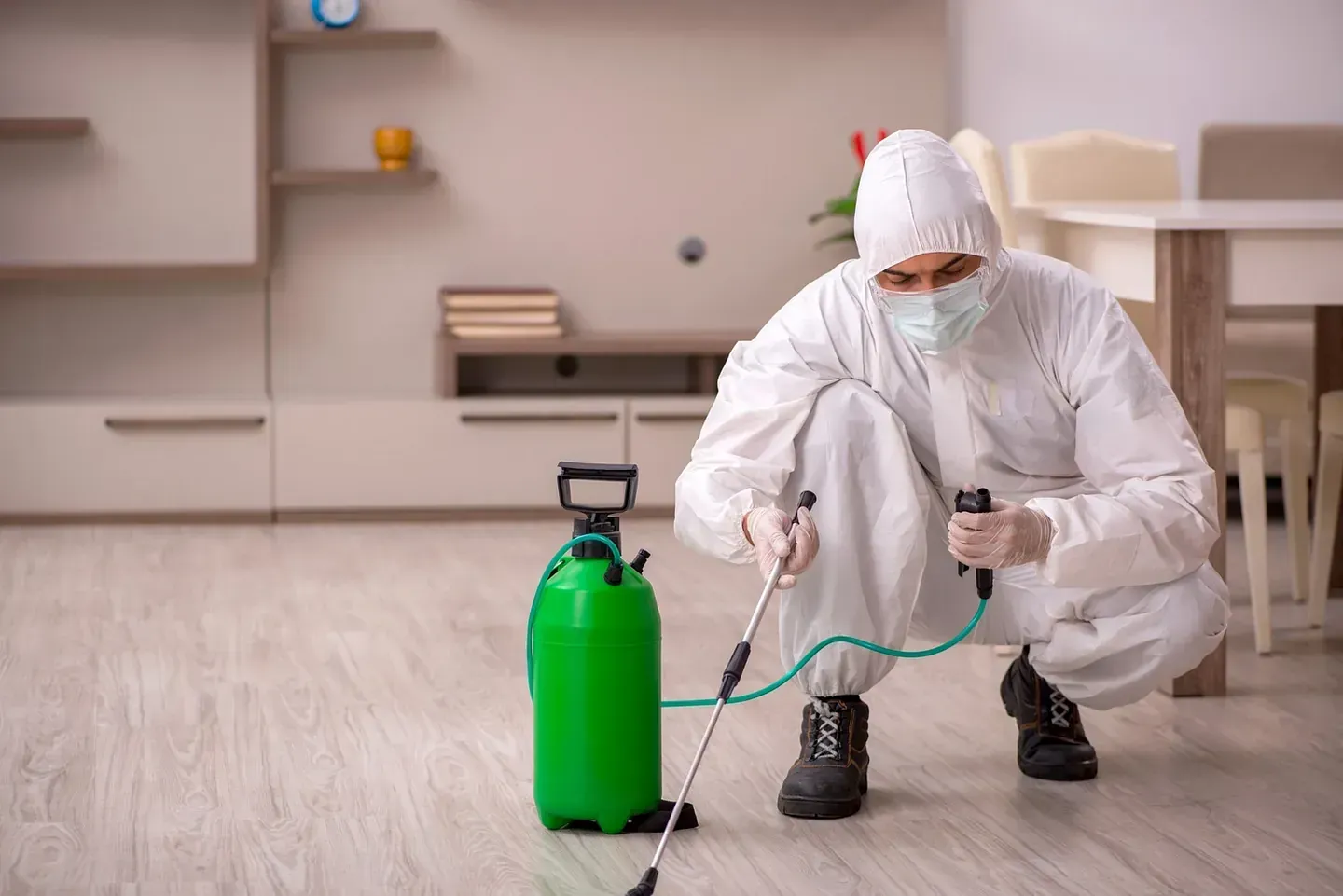 Un hombre con un traje de protección está rociando productos químicos en el suelo de una sala de estar.