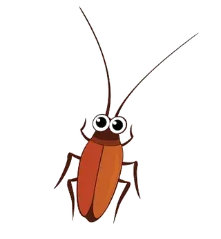 Una cucaracha de dibujos animados con ojos grandes sobre un fondo blanco.