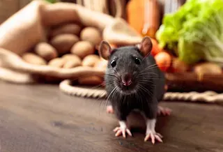 Una rata está parada sobre una mesa de madera frente a una bolsa de patatas y verduras.