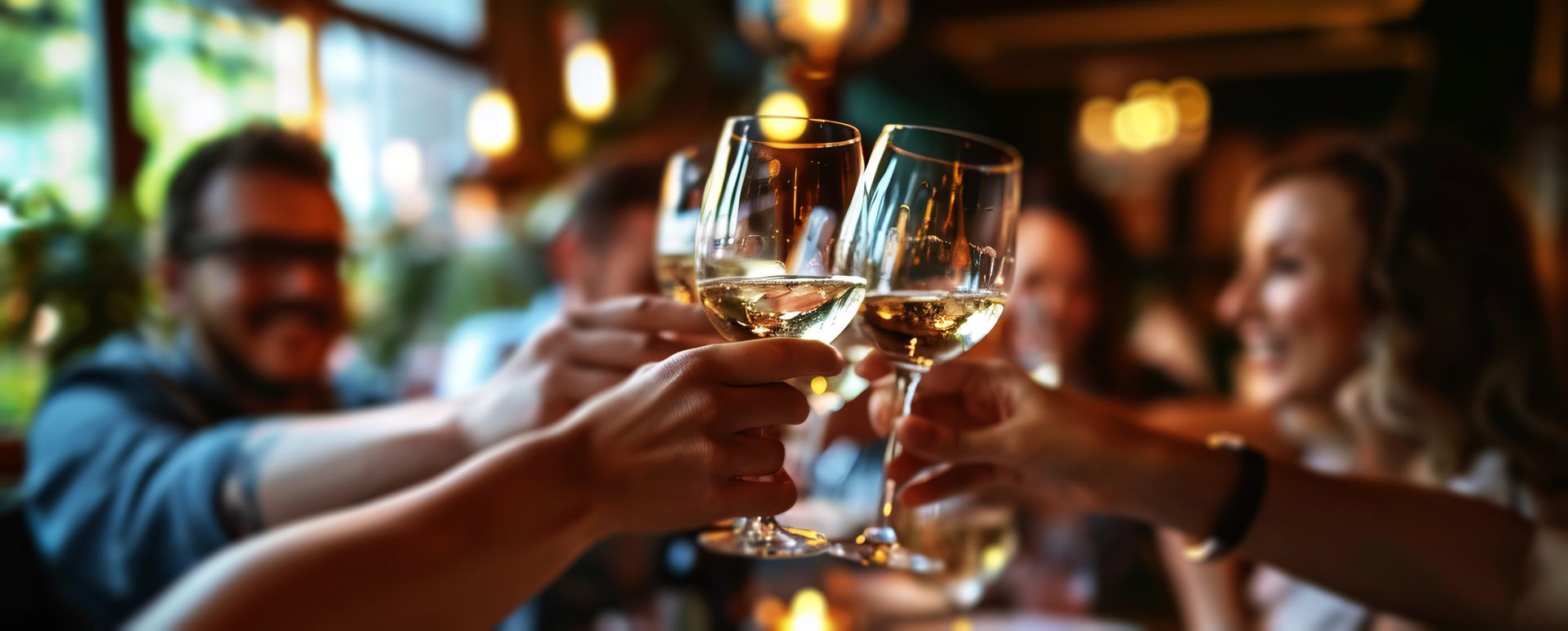 Des clients qui trinquent dans un restaurant avec des verres de vin blanc.