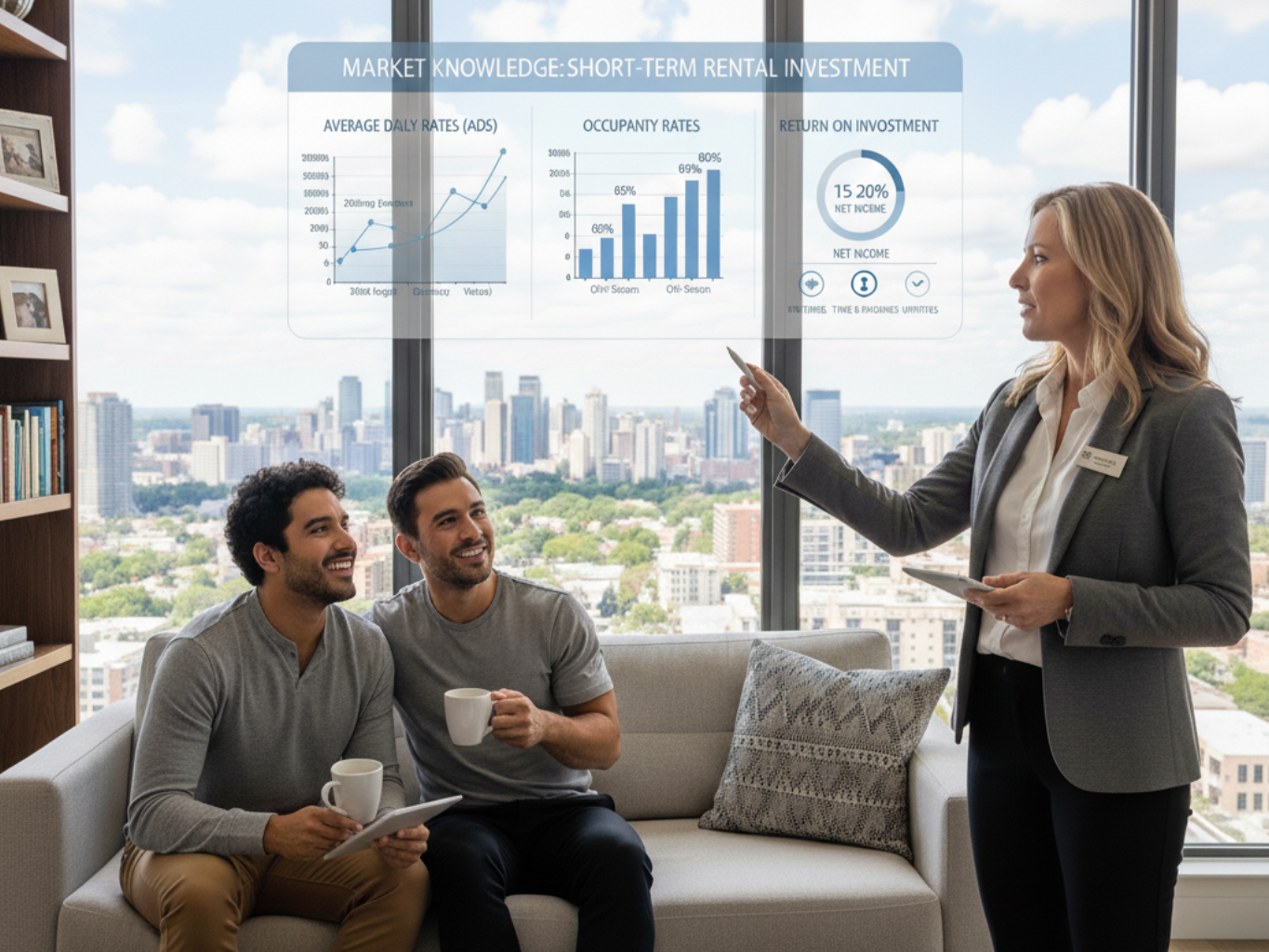 Financial advisor pointing at charts, discussing investment with two men on a couch, cityscape in background.