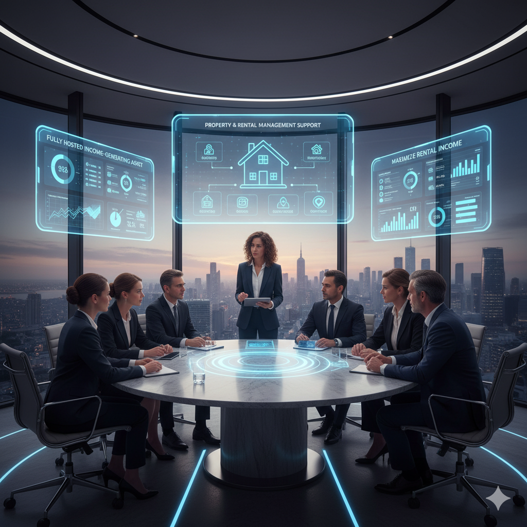 Business meeting in a modern office with digital displays and city skyline view.