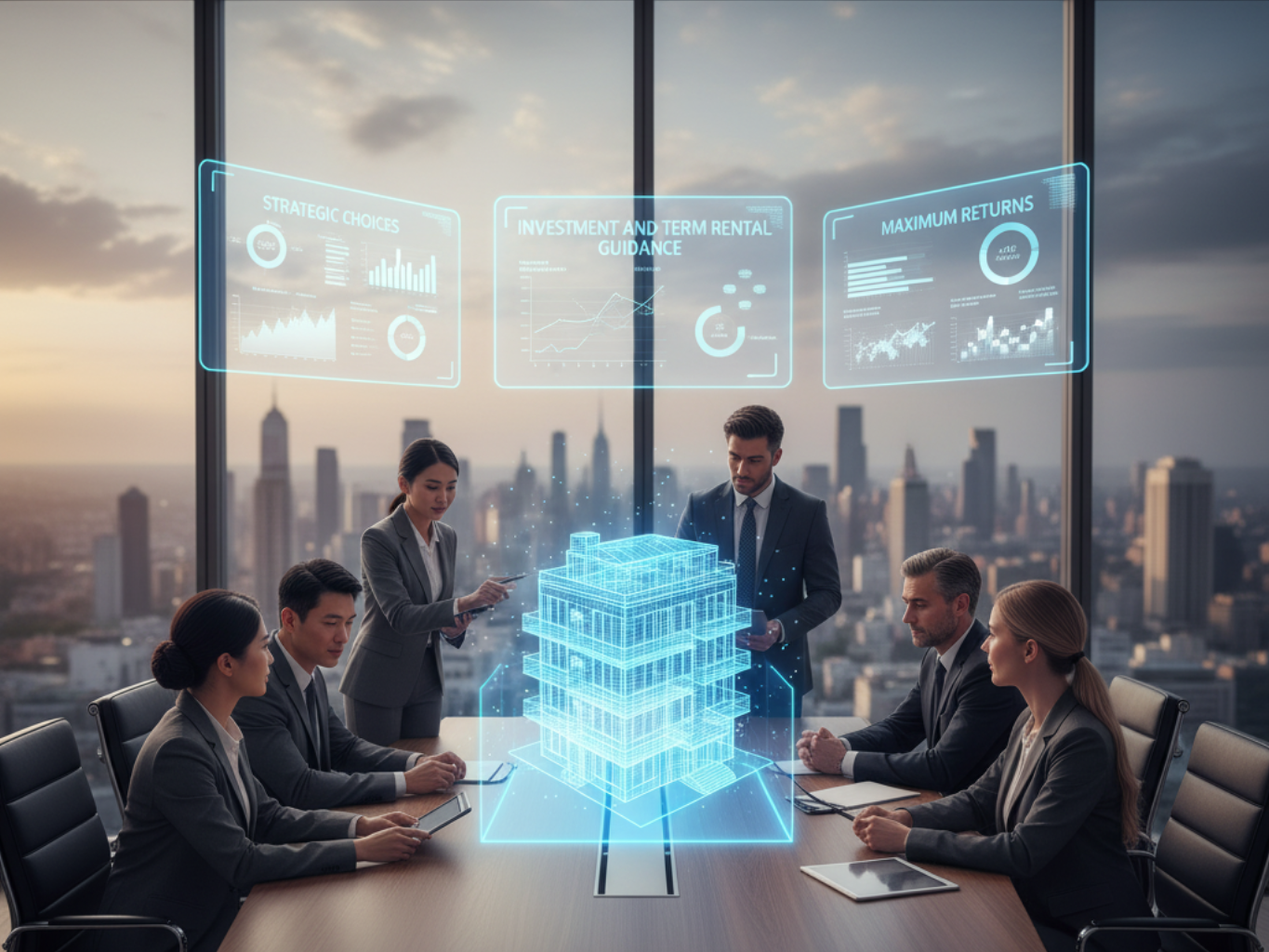 Business team in conference room, analyzing 3D building model with data screens, cityscape background.