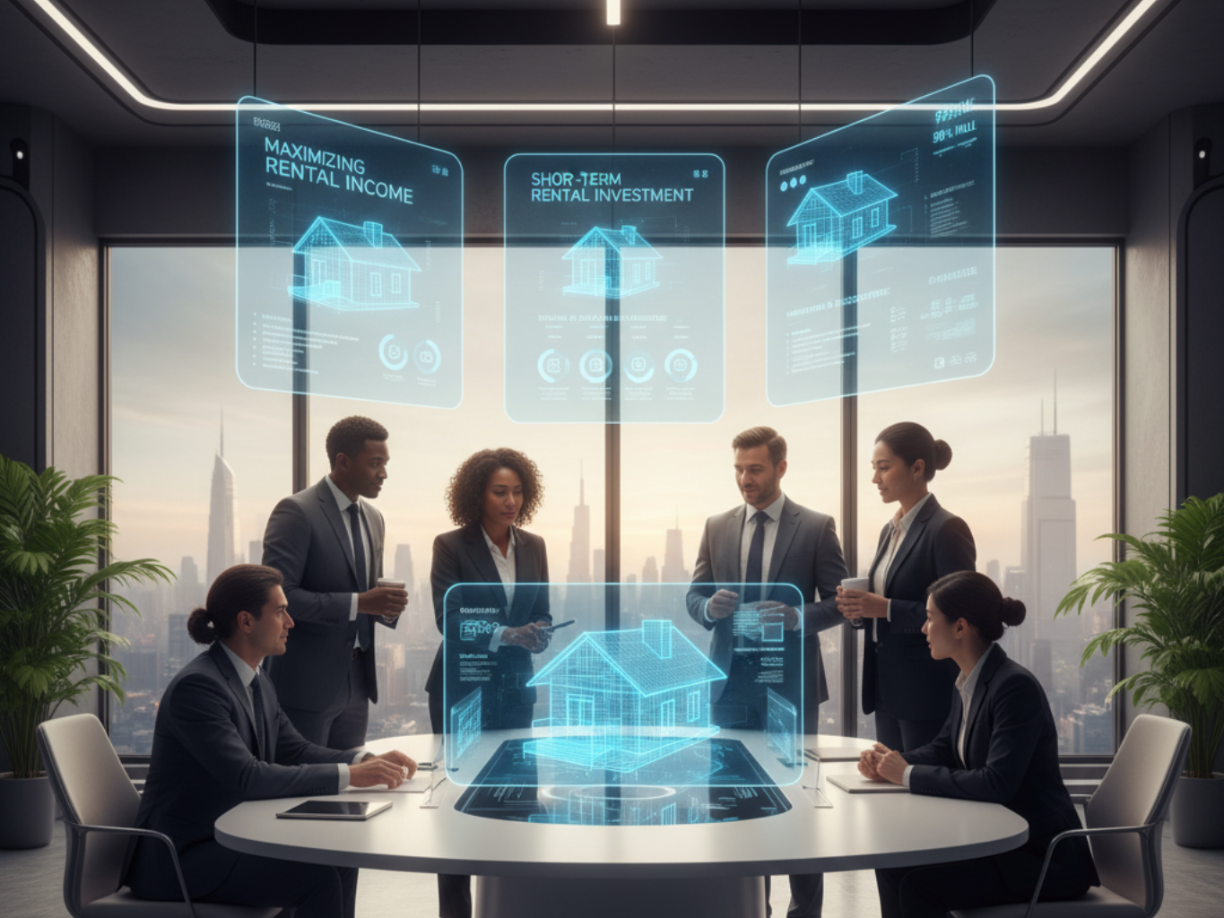 Business team in a modern office, reviewing holographic real estate data.