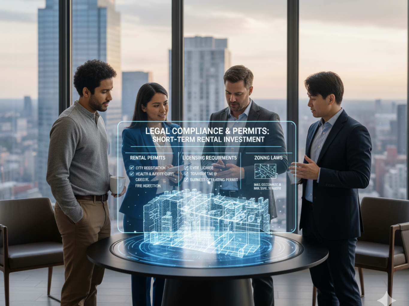 Four business people examining a holographic projection of a building, discussing legal compliance and permits.
