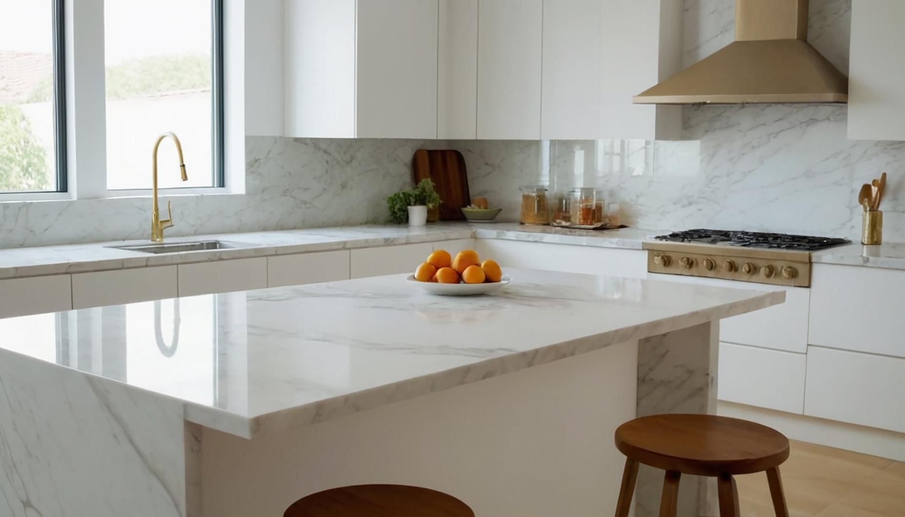 Cocina blanca moderna con encimeras de mármol, isla con detalles en naranja, dorados y una ventana.