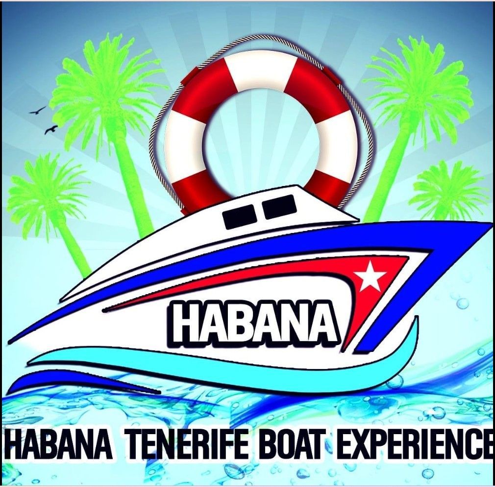 Logotipo del barco con “Habana” sobre agua azul, un salvavidas, palmeras y “Habana Tenerife Boat Experience”.