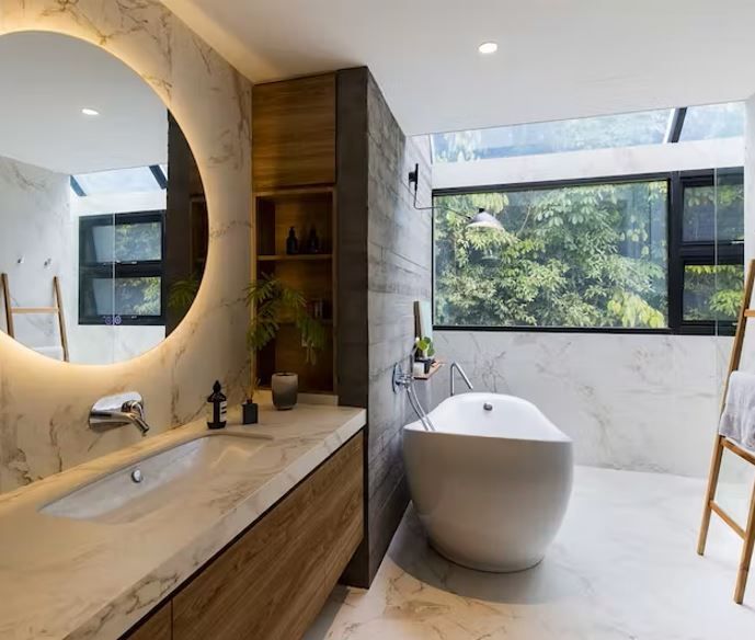 Salle de bains avec baignoire et vue sur l'extérieur