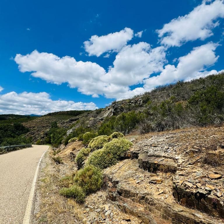 Sendero sinuoso junto a una ladera rocosa bajo un cielo azul brillante con nubes dispersas.