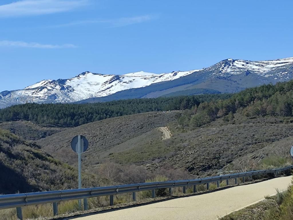 Cordillera nevada bajo un cielo azul, visible más allá de la barandilla de la carretera y la ladera de una colina.