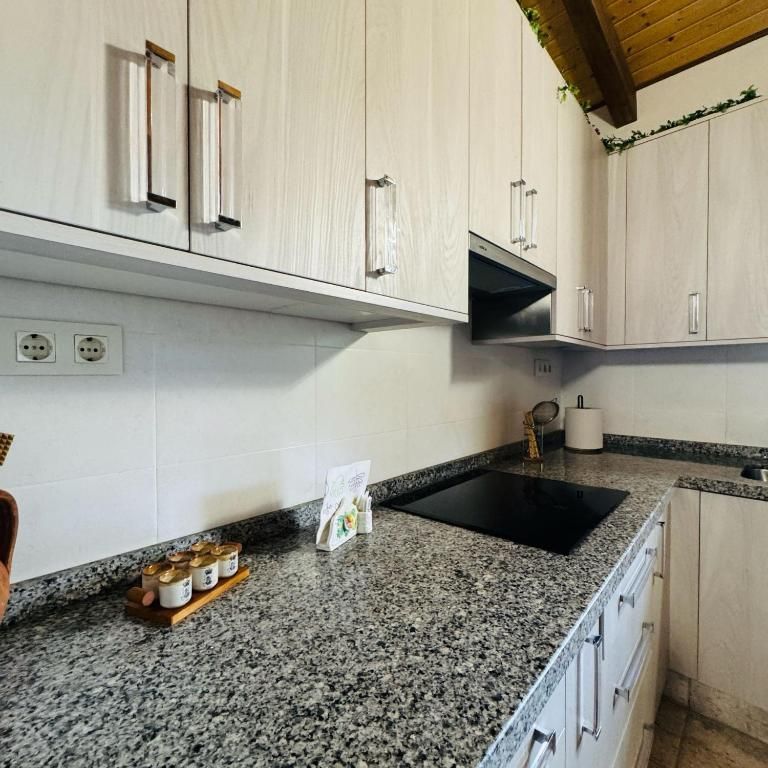 Encimera de cocina moderna con gabinetes blancos, encimera de granito, fregadero y techo de madera inclinado.