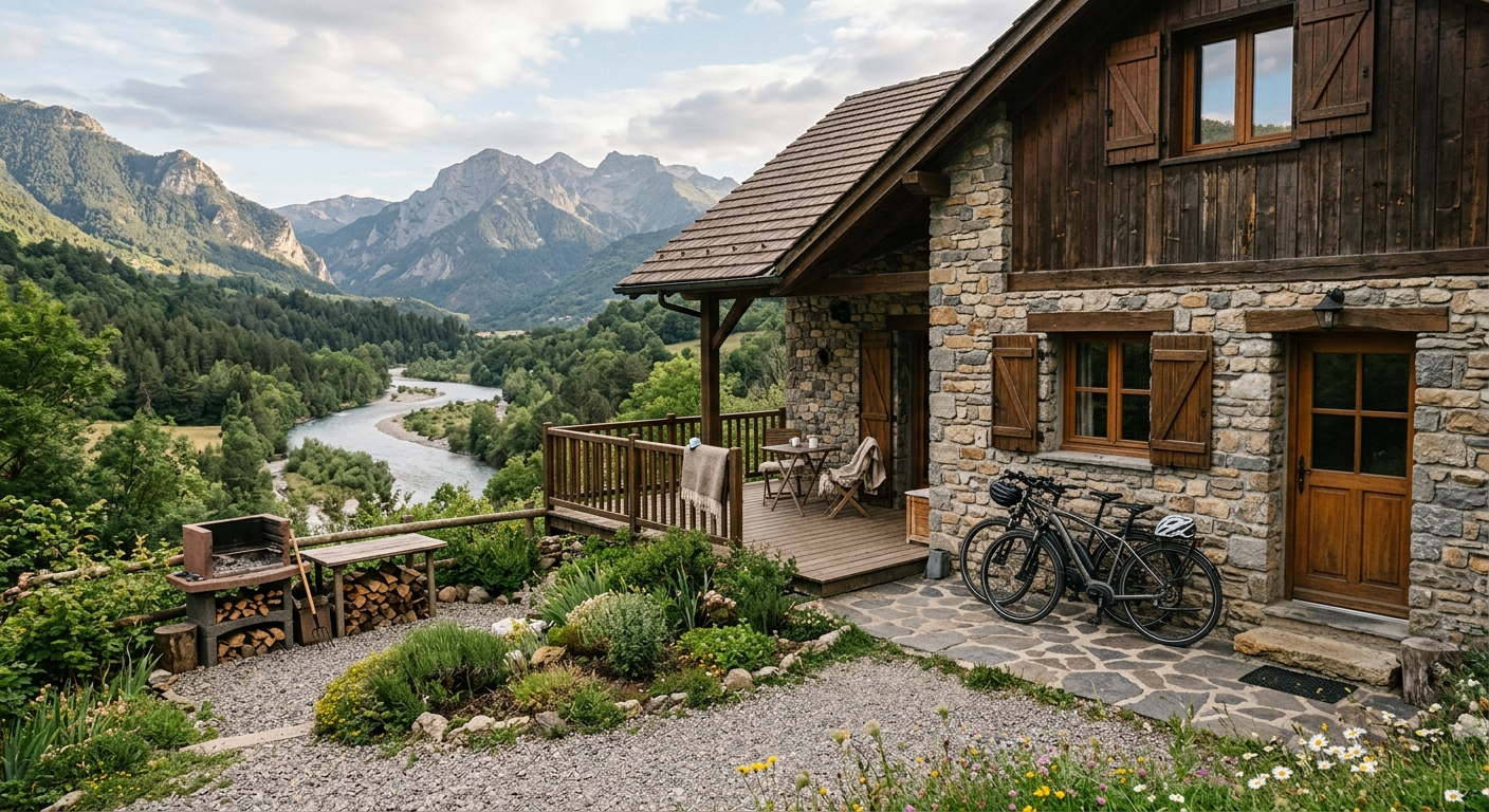 Cabaña de piedra con bicicletas junto a un río de montaña, bajo un cielo nublado en un valle verde.