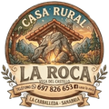 Casa rural La Roca logo with mountain cabin, trees, and contact details for Vega de Castillo, Cabrillada-Sanabria
