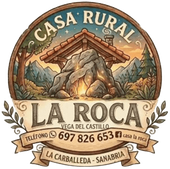 Casa rural La Roca logo with mountain cabin, trees, and contact details for Vega de Castillo, Cabrillada-Sanabria