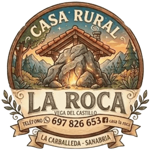 Casa rural La Roca logo with mountain cabin, trees, and contact details for Vega de Castillo, Cabrillada-Sanabria