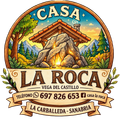 Casa rural La Roca logo with mountain cabin, trees, and contact details for Vega de Castillo, Cabrillada-Sanabria