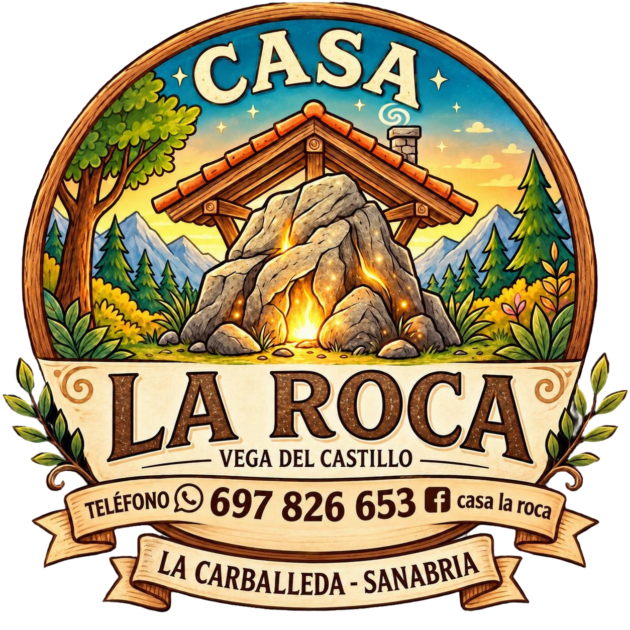 Casa rural La Roca logo with mountain cabin, trees, and contact details for Vega de Castillo, Cabrillada-Sanabria