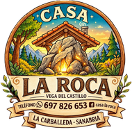 Casa rural La Roca logo with mountain cabin, trees, and contact details for Vega de Castillo, Cabrillada-Sanabria