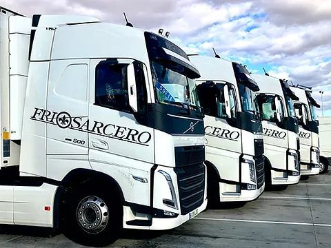 Una fila de camiones semirremolques blancos están estacionados en un estacionamiento.