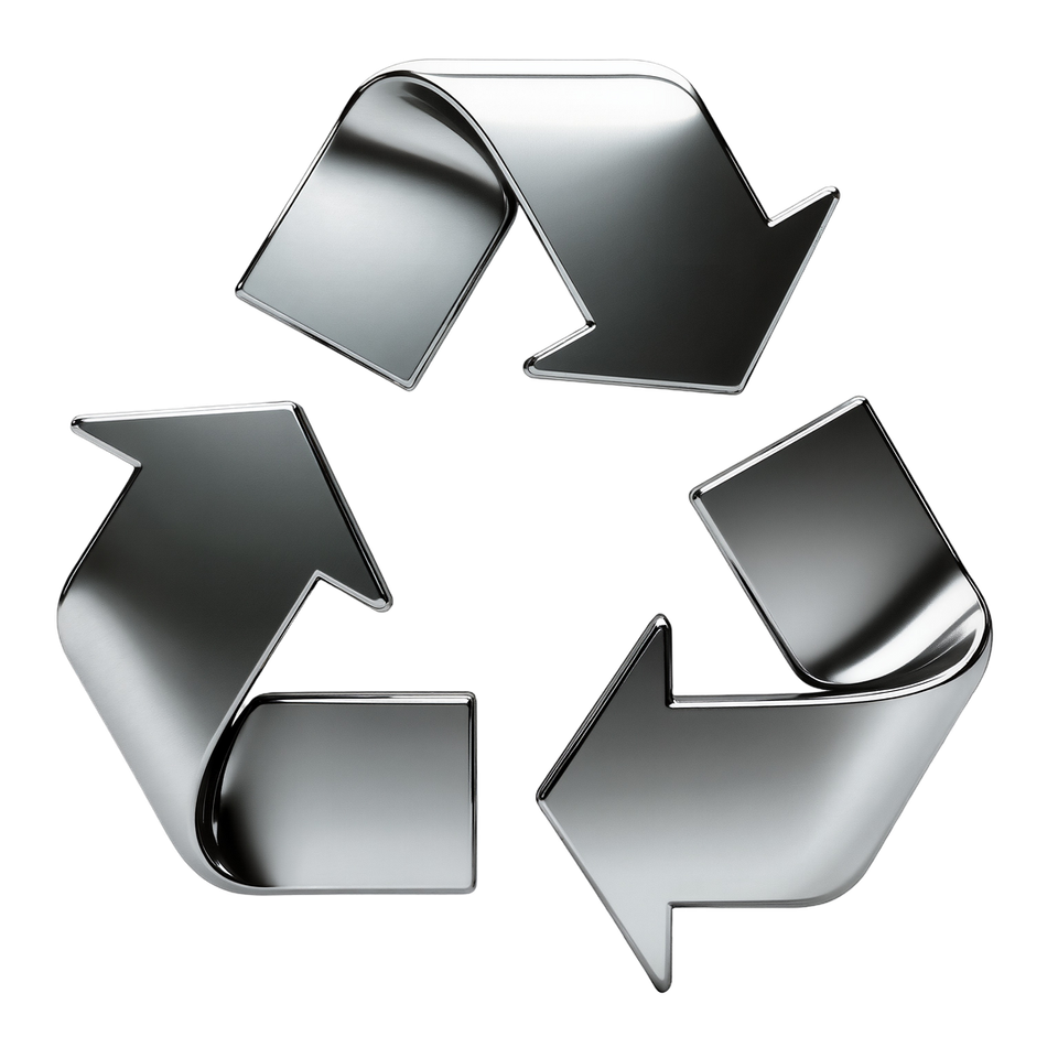 Symbole de recyclage argenté composé de trois flèches métalliques formant un triangle sur fond blanc