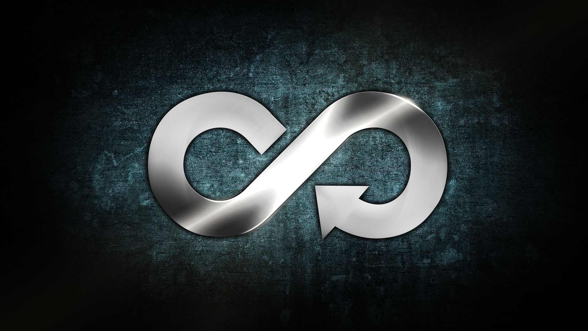 Logo argenté en forme d'infini sur un fond texturé sombre