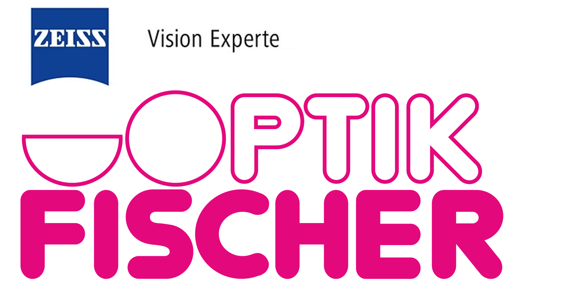 Logo für Optik Fischer, mit dem Zeiss-Logo und dem Schriftzug „OPTIK FISCHER“ in Rosa und Weiß.