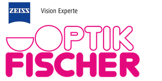 Logo für Optik Fischer, mit dem Zeiss-Logo und dem Schriftzug „OPTIK FISCHER“ in Rosa und Weiß.